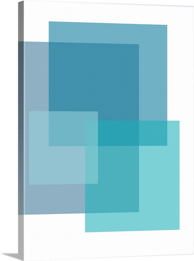 Abstract geometric painting of rectangular overlapping shapes in shades of blue on white.