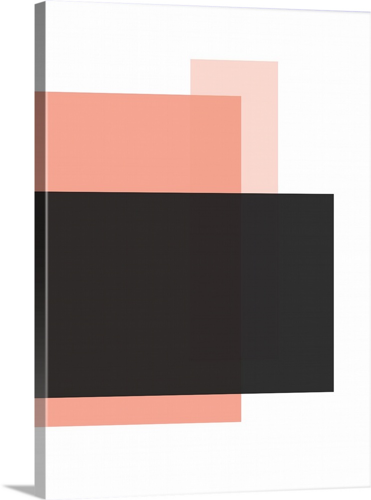 Abstract geometric painting of rectangular overlapping shapes in pink and black on white.