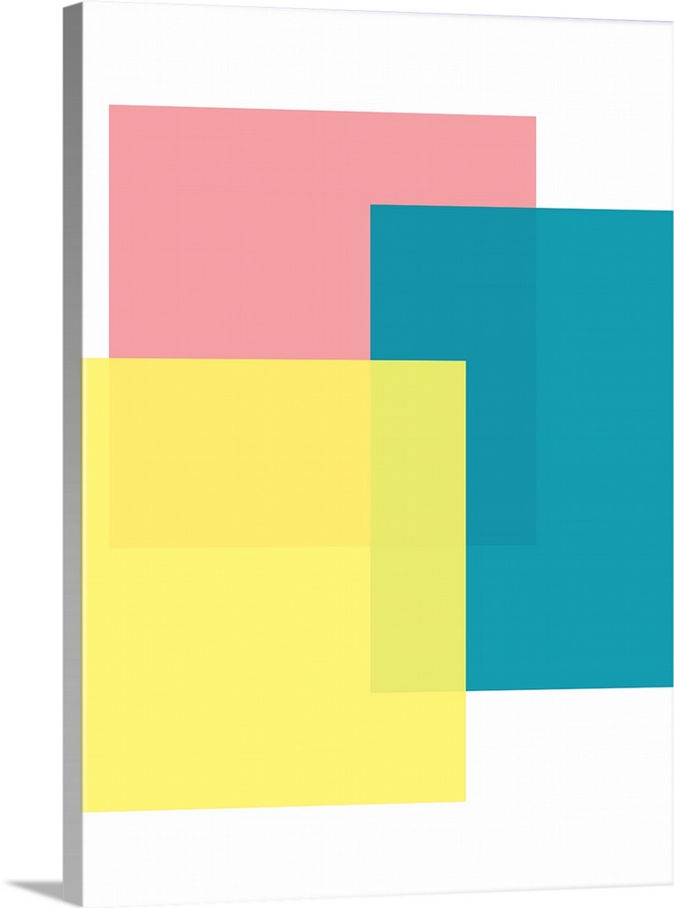 Abstract geometric painting of rectangular overlapping shapes in blue, pink, and yellow on white.