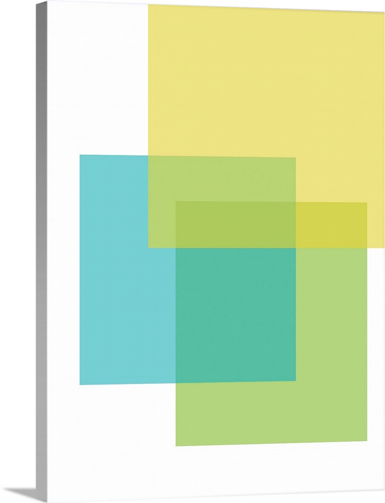 Abstract geometric painting of rectangular overlapping shapes in blue, green, and yellow on white.