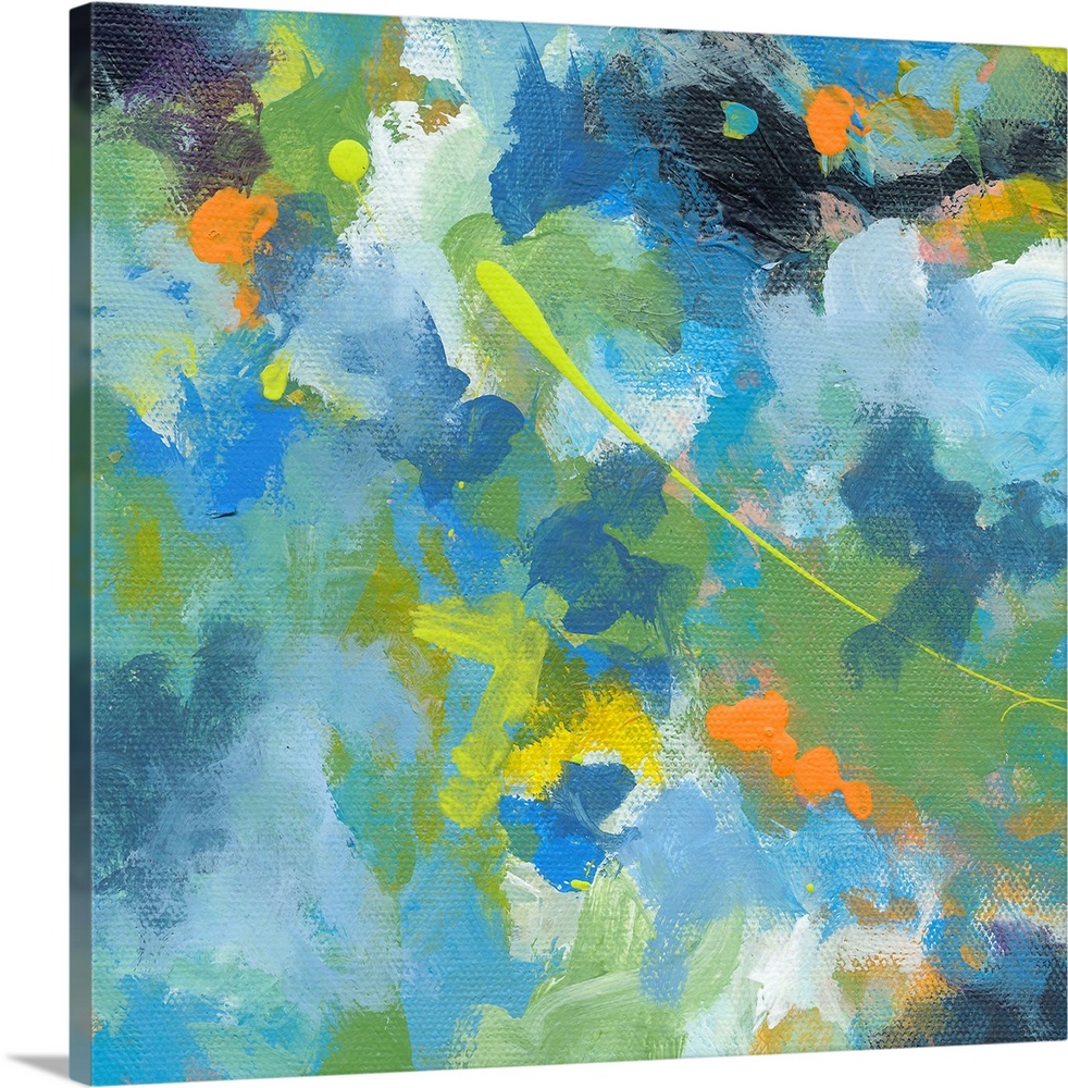 A contemporary abstract painting that has mostly cool tones with pops of yellow and orange for brightness.