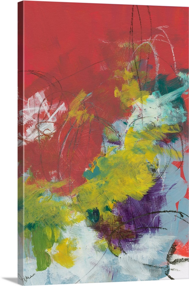 Abstract contemporary artwork of quick brushstrokes in yellow, red, and purple.