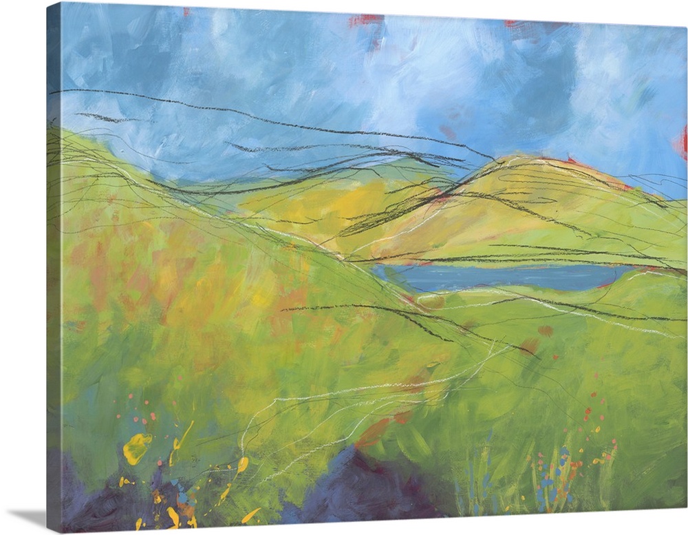 Abstract landscape of rolling hills in textured paint overlapped with black lines and small splatters of multiple colors.