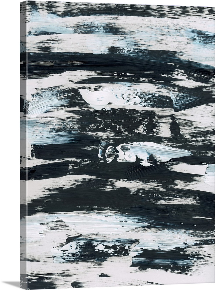 Vertical abstract painting of textured horizontal brush strokes in black and white with hints of light blue.