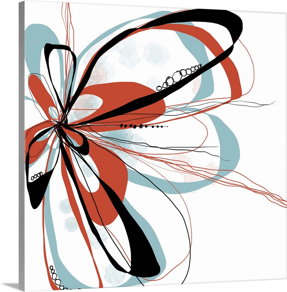 a bright floral with flowing lines of intertwined colors like aqua, tangerine and black.