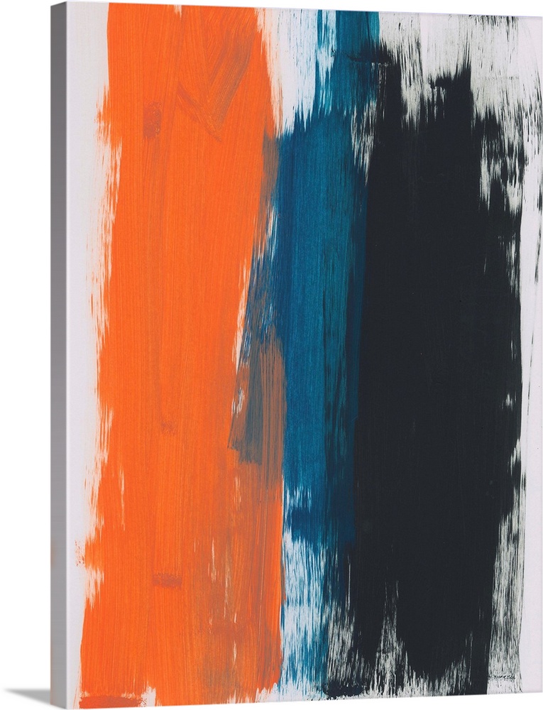 Abstract painting of bold vertical brush strokes in orange, blue and black on a light gray background.