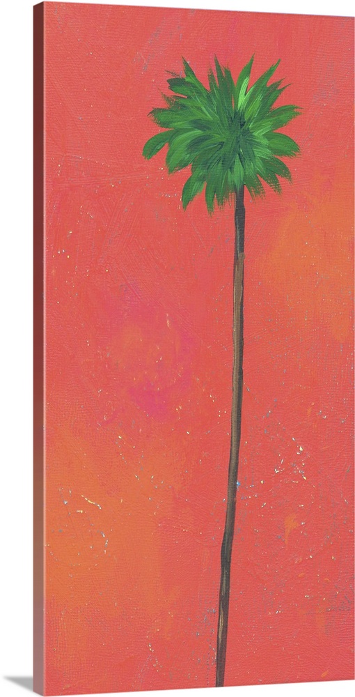 Contemporary artwork of a tall palm tree with a thin trunk against a red background.
