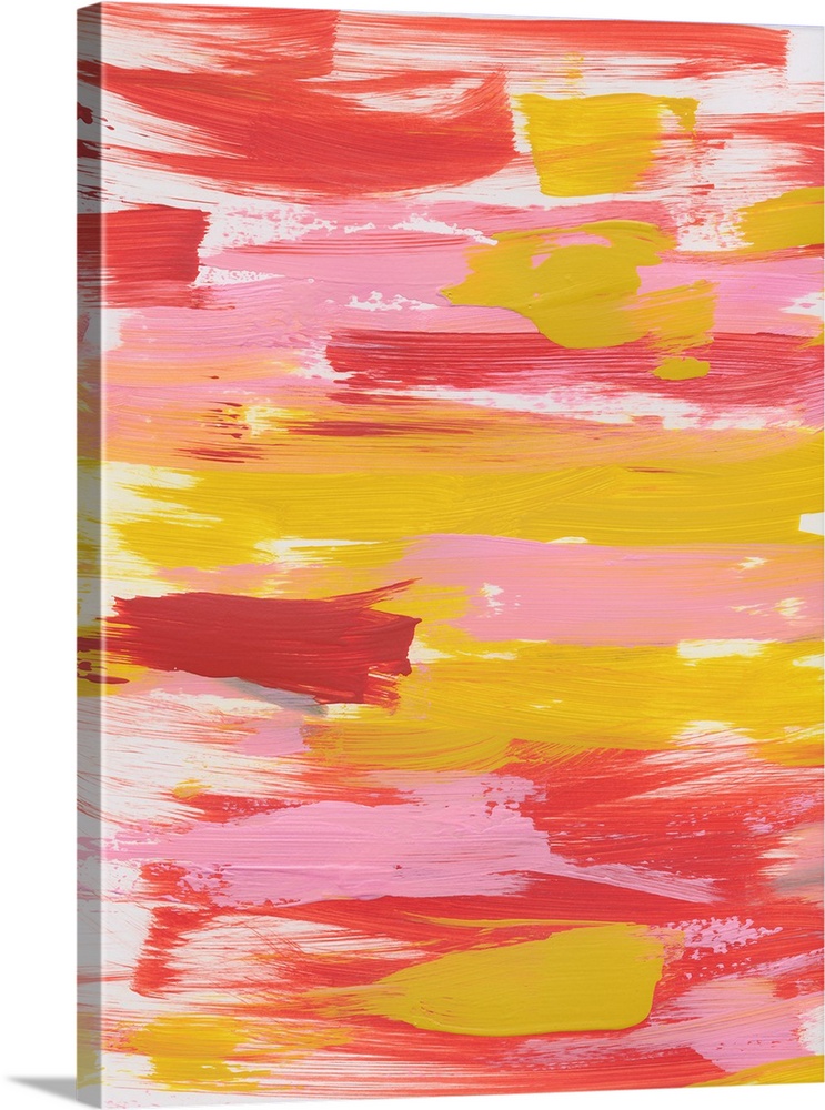 Vertical abstract painting of sweeping horizontal brush strokes in yellow, pink and red.