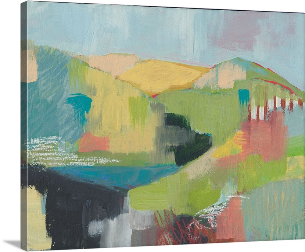 Contemporary painting of a hilly pastel landscape made with patchwork-like brushstrokes.