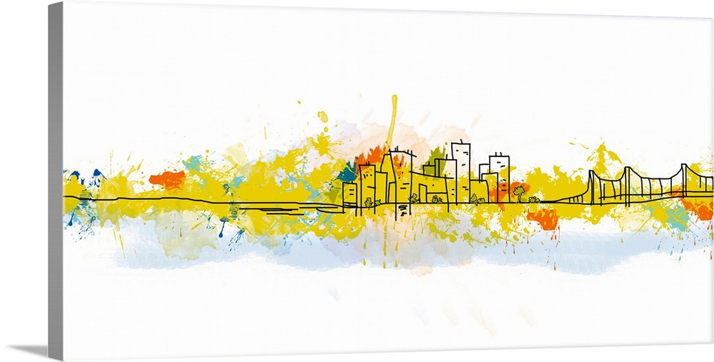 Horizontal wallart of a simple line drawing of a cityscape and bridge, colored with splatters of painting.