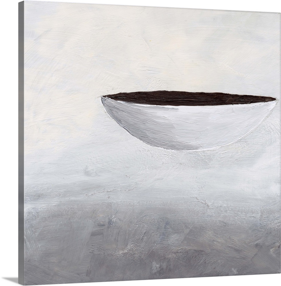 A contemporary abstract painting of a bowl made up with shades of white, gray, and black.