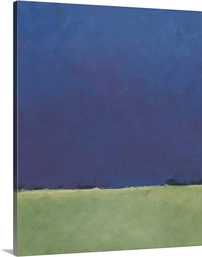 A deep purple and blue horizon gives way to a soft green foreground in this minimalist landscape. The original is 8x10 acr...