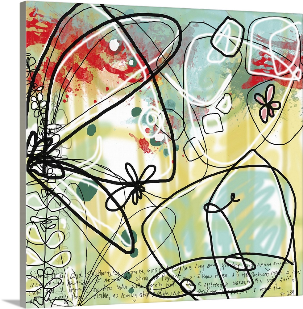 Abstract square painting of outlined scribbles on top of splattered paint and handwriting.