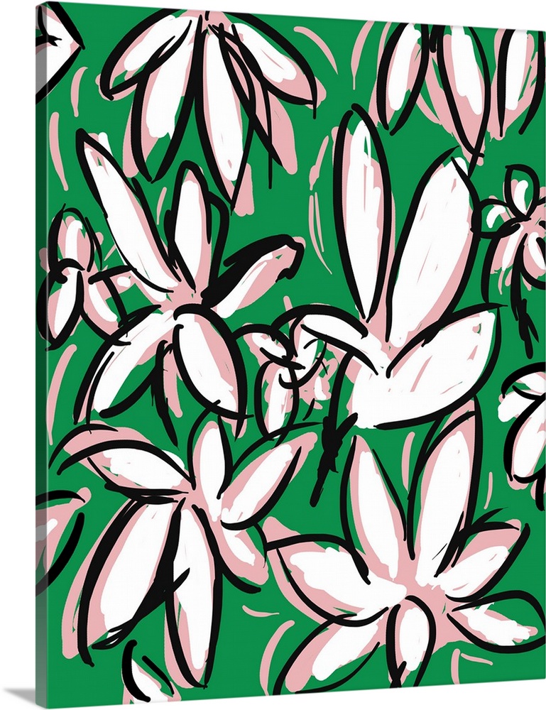 Gestural floral painting of pink and white flowers with dark outlines on green.