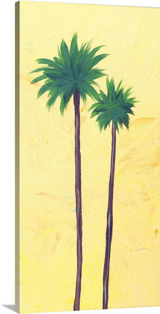 Contemporary artwork of two tall palm trees with thin trunks against a yellow background.