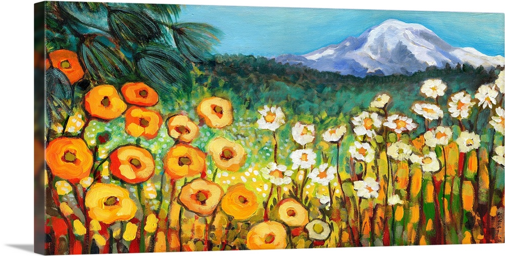 Contemporary painting of a Washington landscape with poppies and other wildflowers in the foreground and Mount Rainier in ...