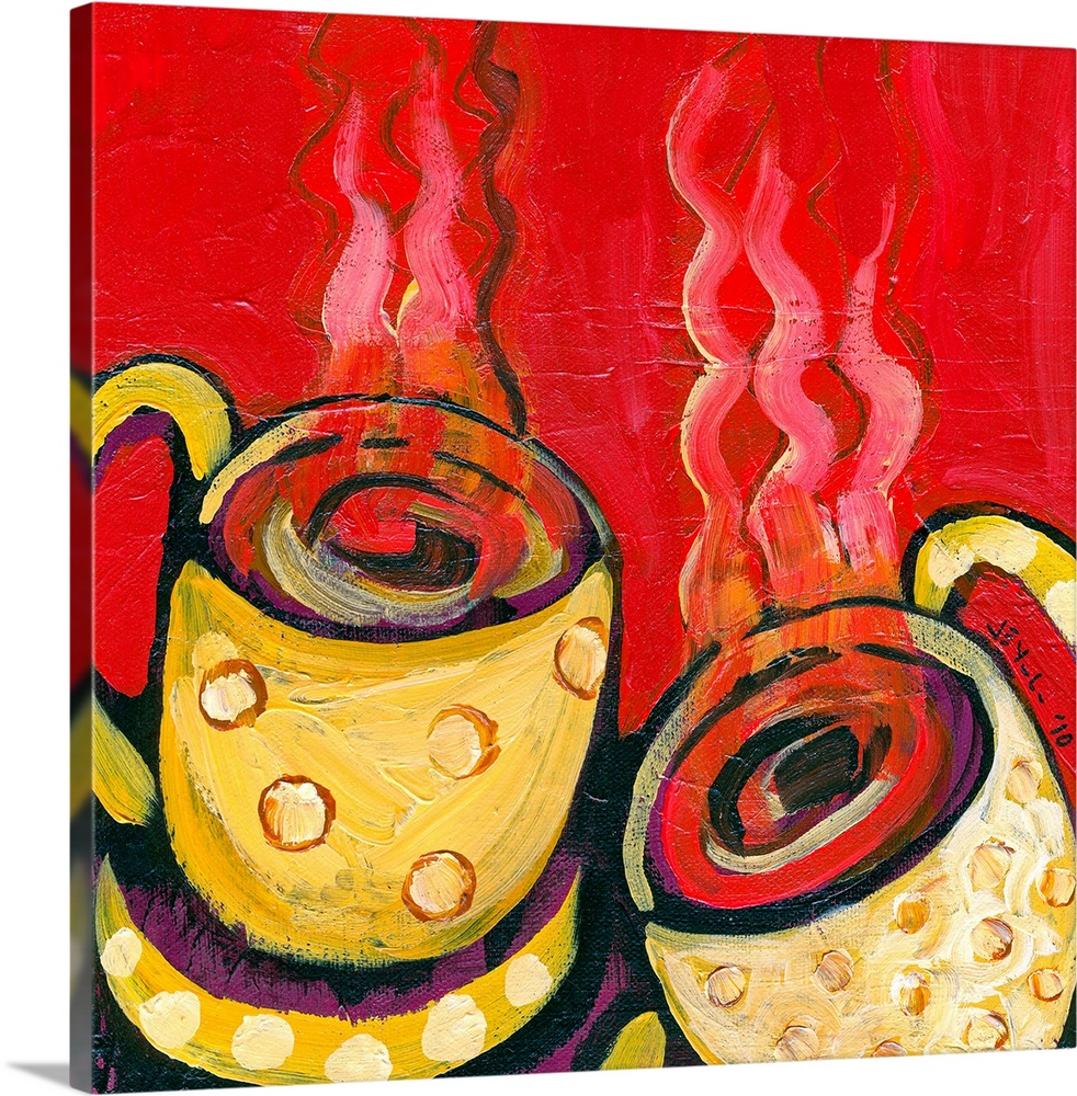 Giant contemporary art showcases two smoldering cups of coffee as they sit on a table against a solid colored background. ...