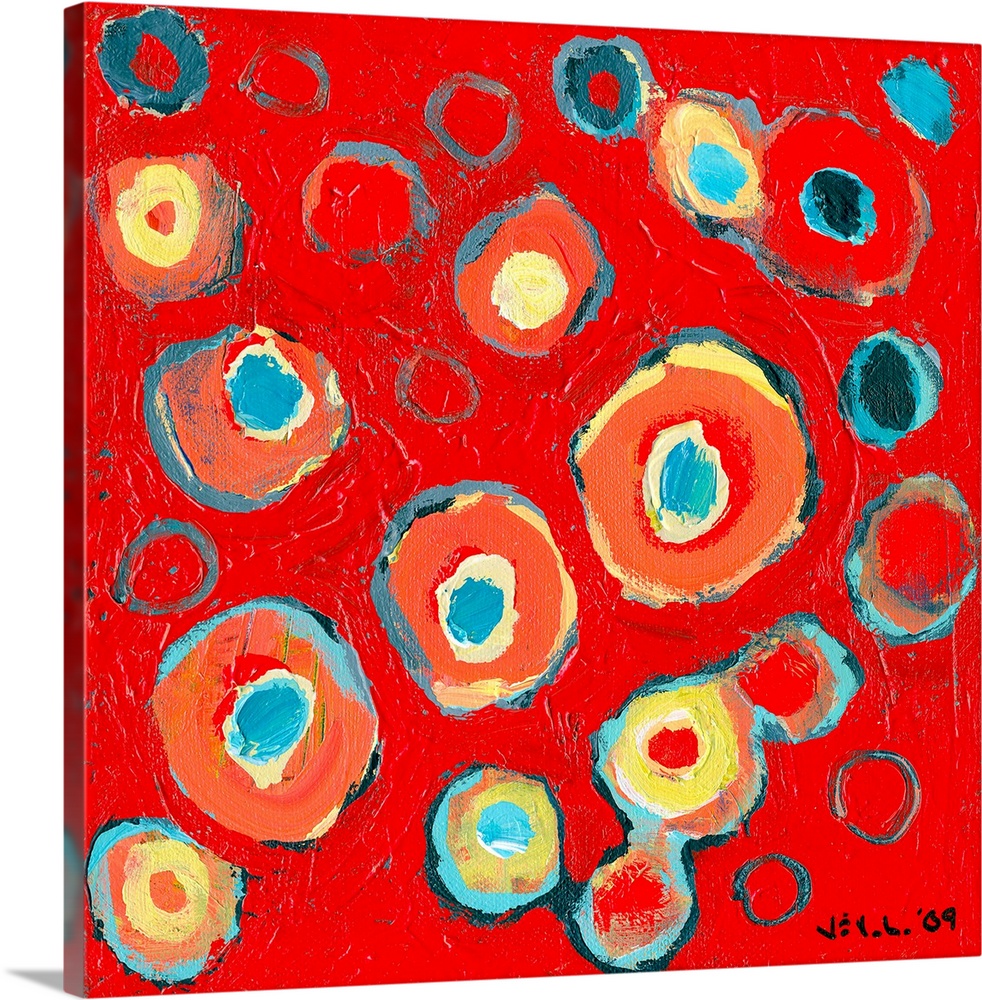 Large abstract painting featuring various vibrantly-colored circular designs inside one another on a bright background.