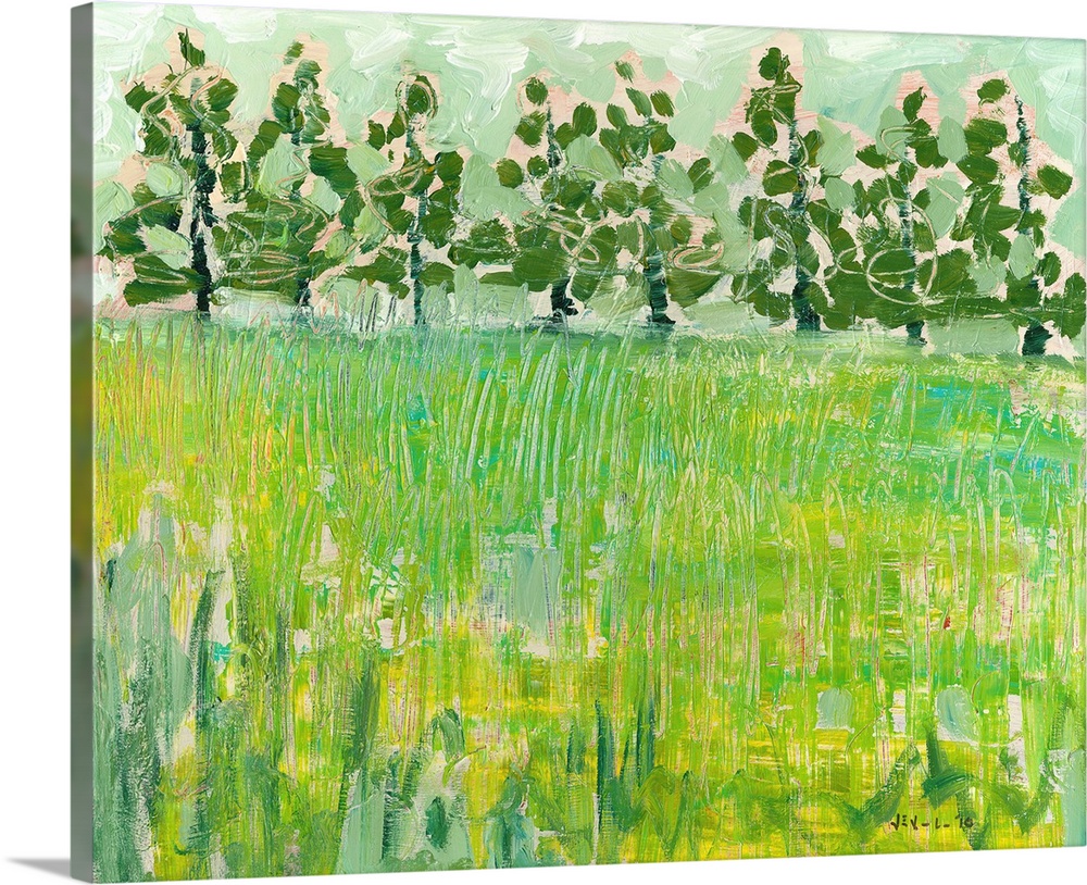 This large painting consists of a field with the grass painted in various textures and darker trees shown in the background.