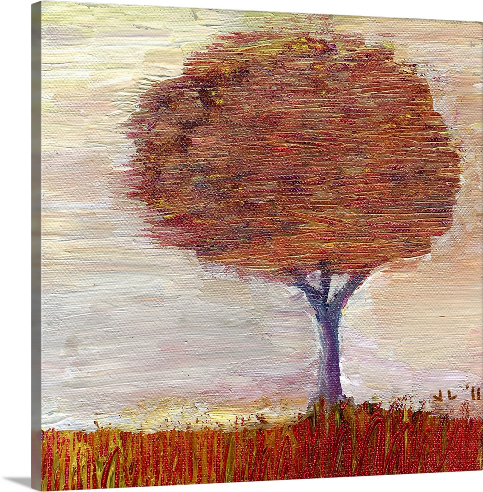 Painting of large tree covered in fall leaves.