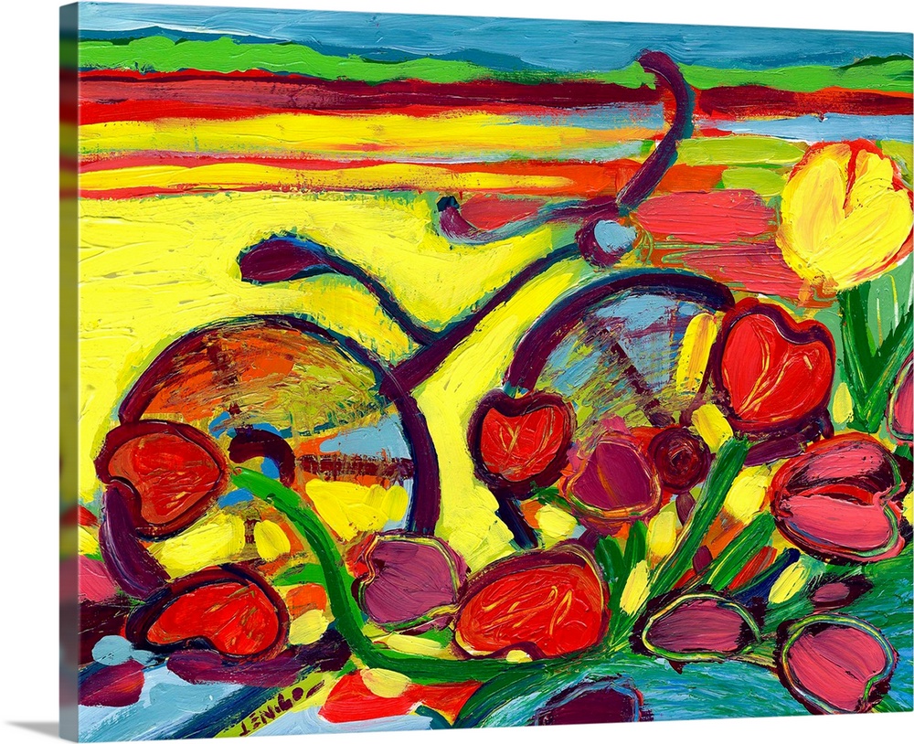 This abstract painting shows a stylized bicycle parked behind a cluster of heart shaped tulips.