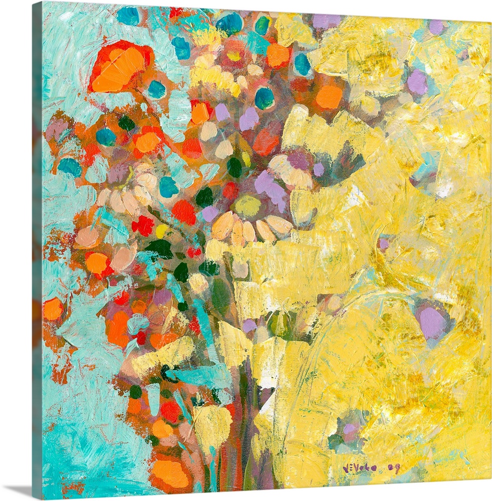 Square painting of an abstract bouquet of flowers.