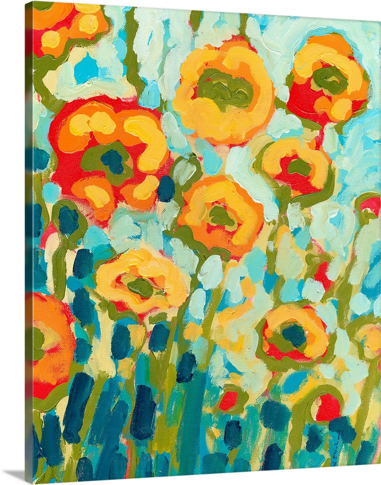Contemporary painting of a florals in the sun created with big whimsical brushstrokes.