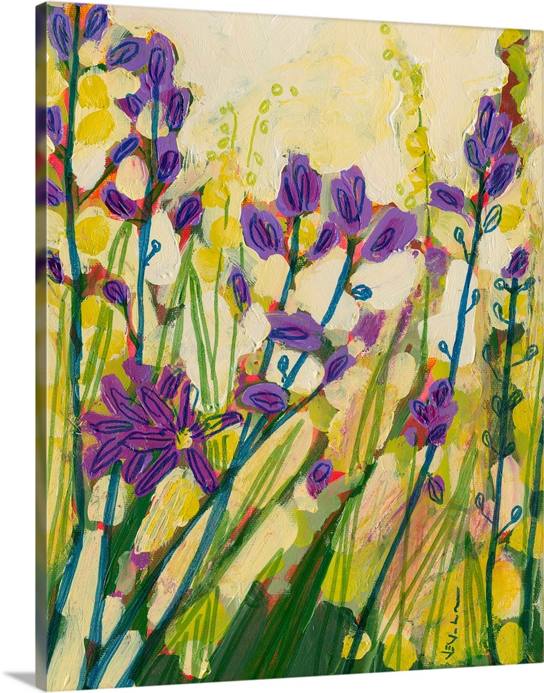Large painting of blooming camas flowers growing tall with bright sunshine. Dominated by warm, vibrant tones.