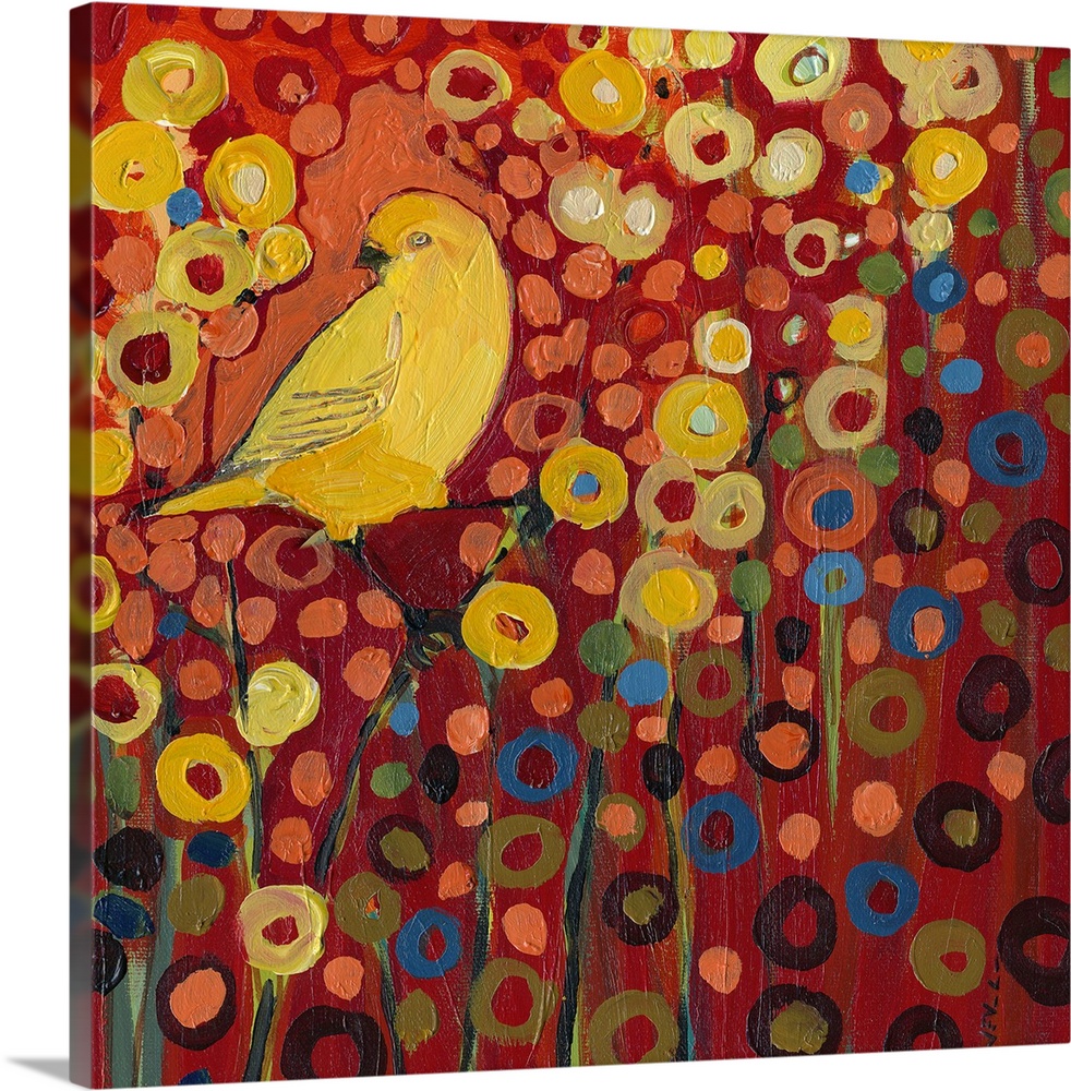 Contemporary art piece of a yellow canary sitting on a branch in a flower field represented by colorful circles.