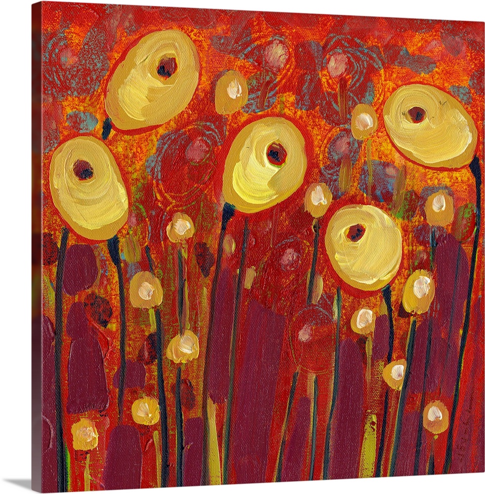 Five floral pods stand out against a richly painted background in this wall art by a contemporary artist.