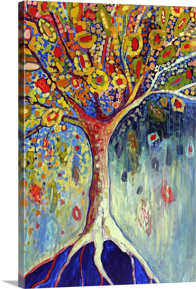 Abstract painted canvas of a tree with long roots and different shaped leaves.