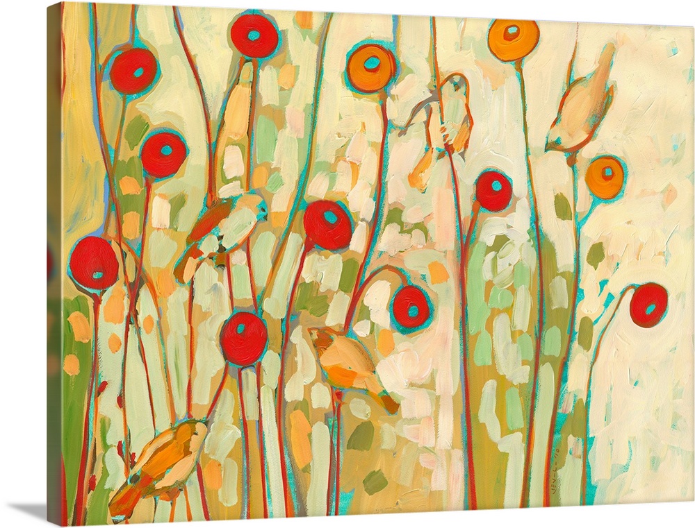 Huge contemporary floral art displays five birds sitting amongst a group of poppy flowers.  Artist uses earthy tones and c...