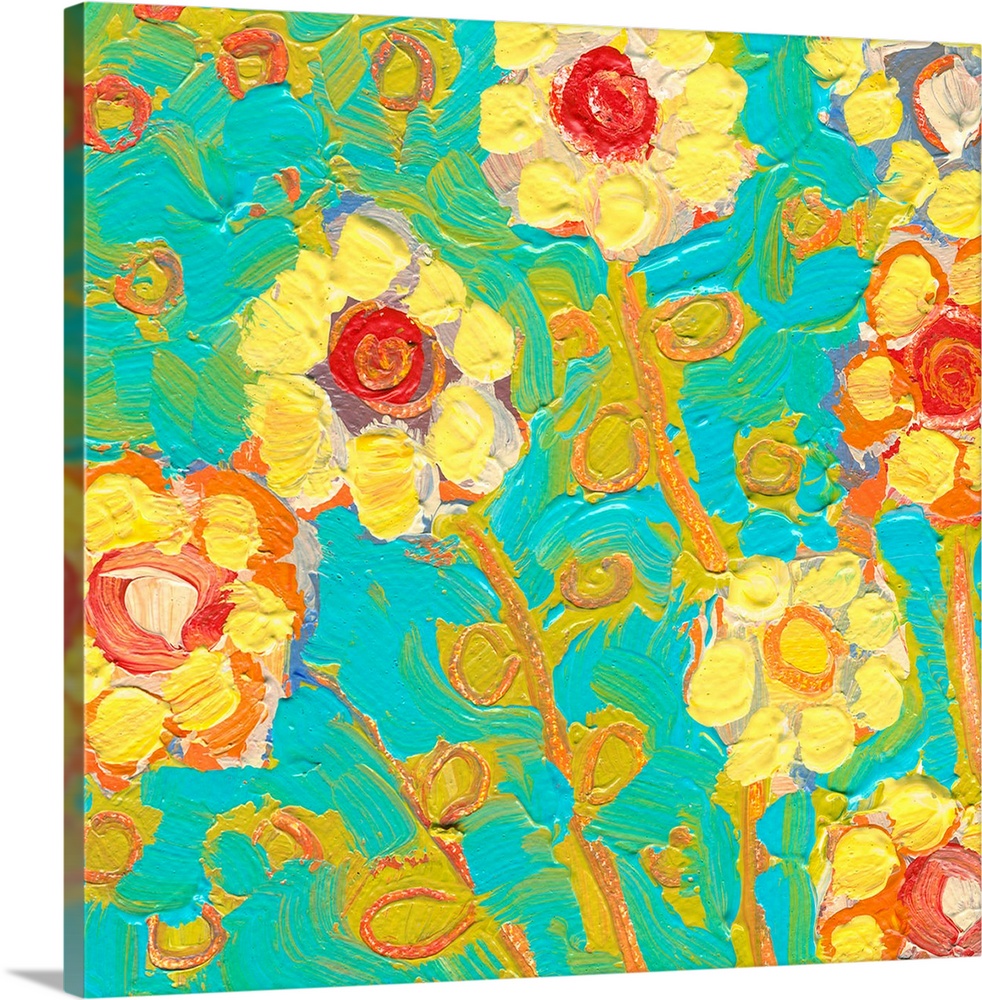 Large painting of yellow flowers with a teal background. Brushstrokes are applied in various directions.