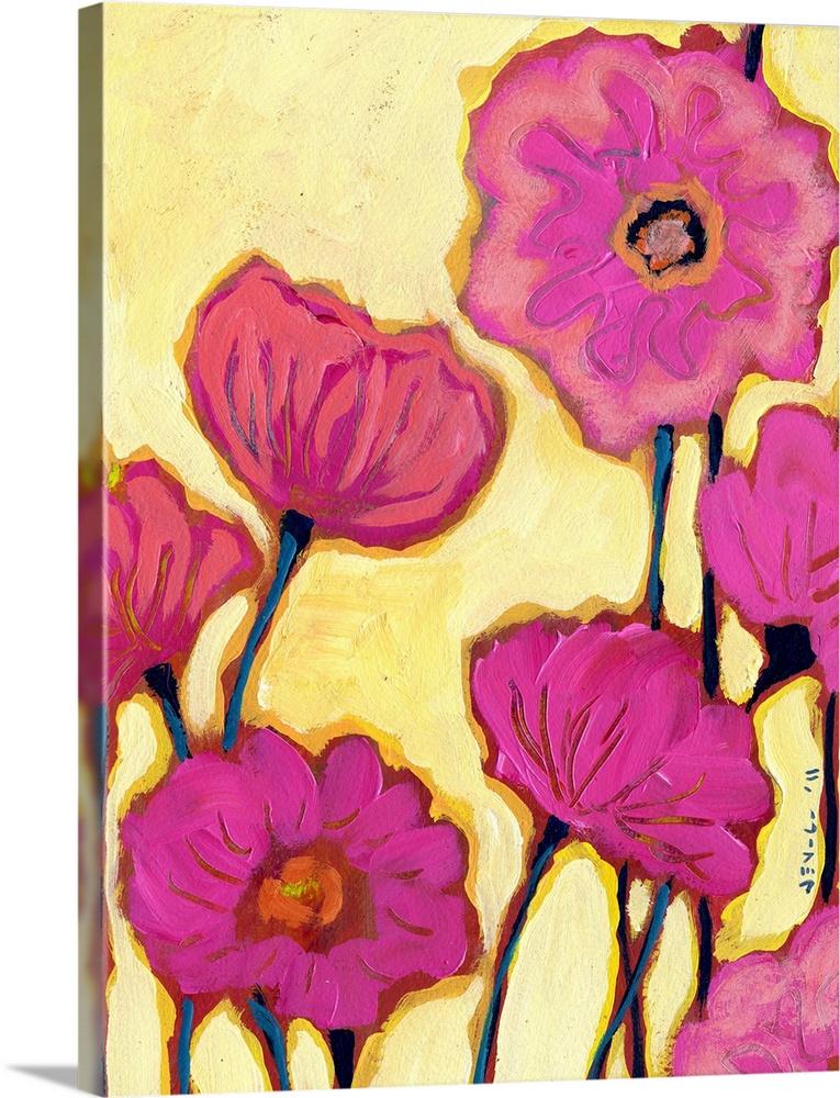 Contemporary abstract  painting of flower blossoms on bright background.