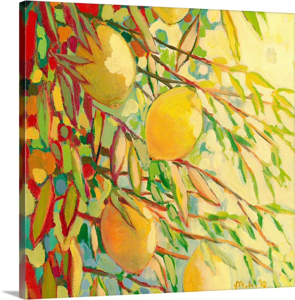 Up close painting of a lemon tree showing branches, colorful leaves, and hanging lemons.