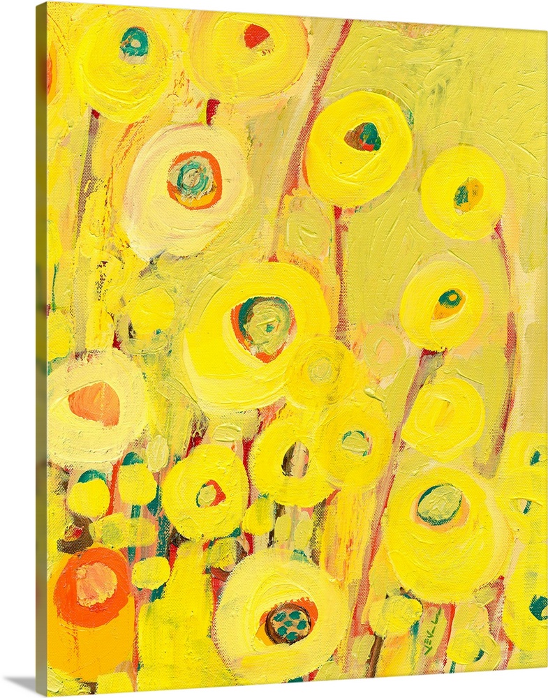 Contemporary painting of many brightly colored flowers, painted with heavily textured brushstrokes.