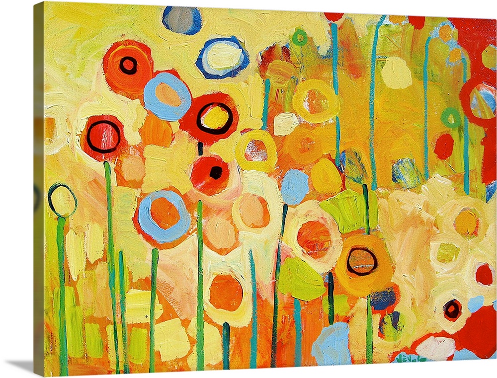 An abstract still life of colorful circles and lines representing flowers and stems.