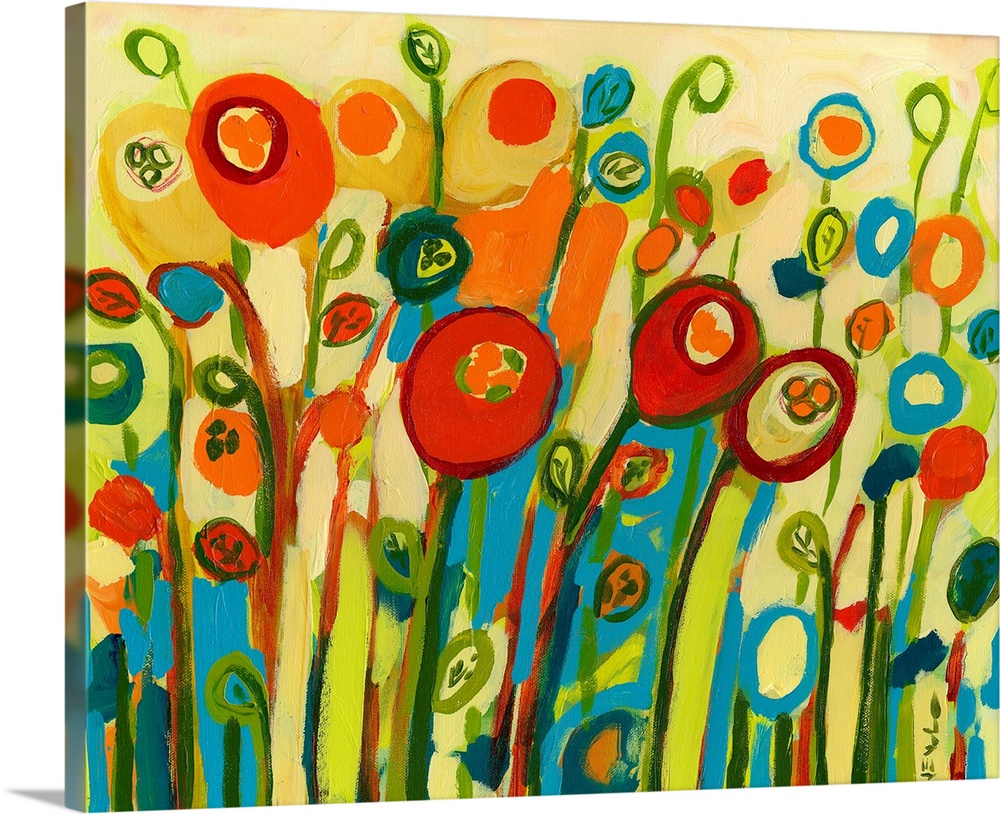 Large contemporary art showcases a colorful arrangement of poppy flowers and buds.  Artists uses lots of vertical lines fo...