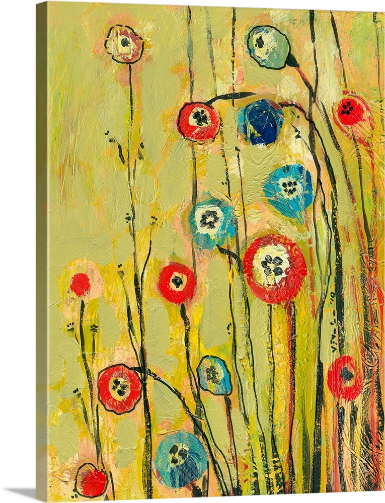 Abstract painting of circular flowers with long stems on a background with noticeable paint strokes.