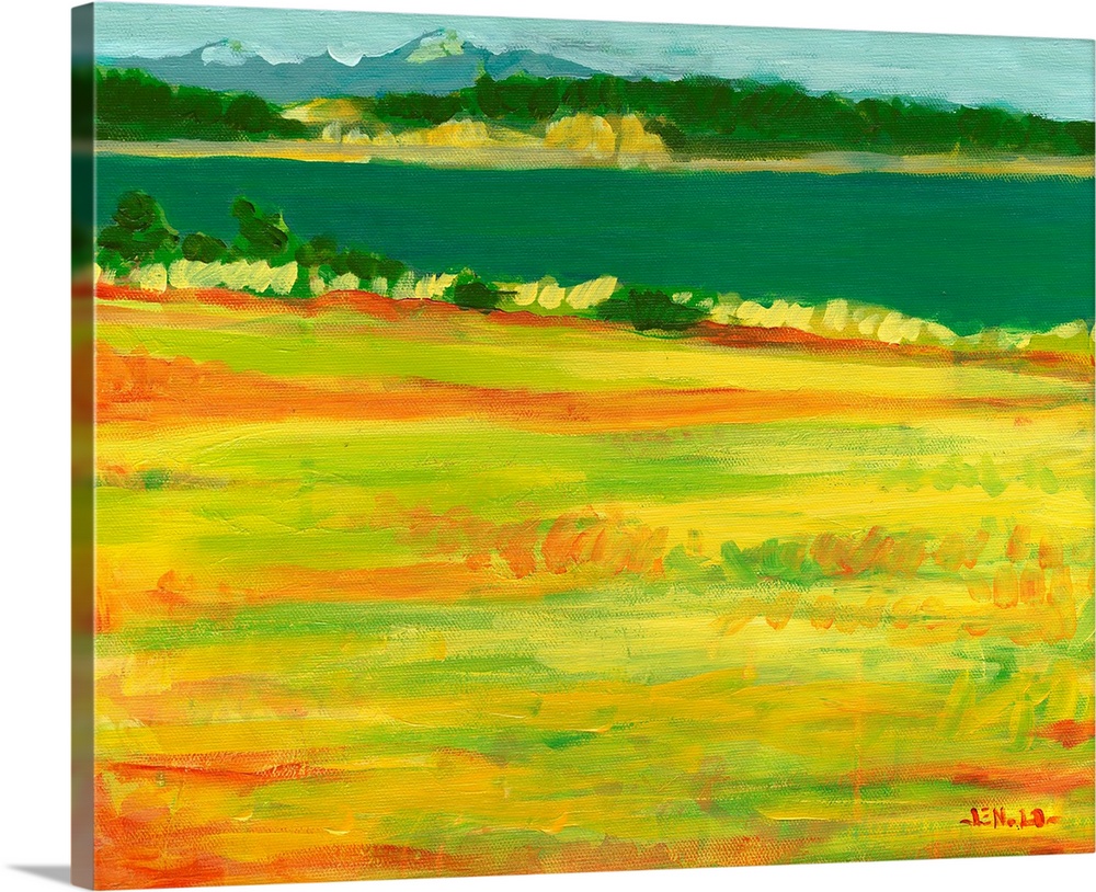 A contemporary painting with a view to the mountains across a grassy field and body of water.