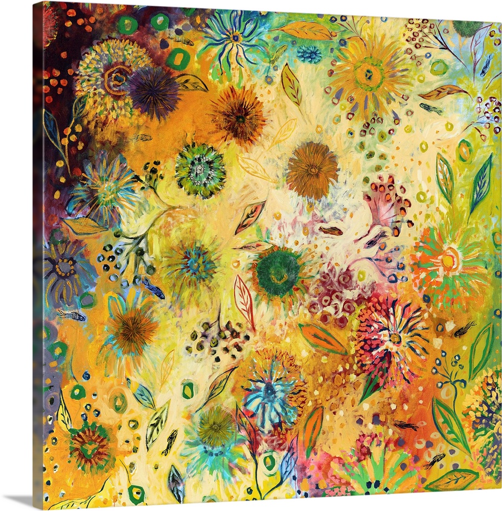 Contemporary artwork of various flowers and leaves that are painted with vibrant colors.