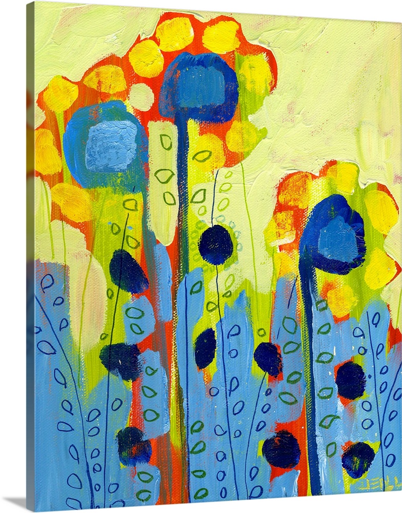 Portrait, abstract painting of several tall flowers with circular shapes used for petals and leaves.  Painted with thick b...