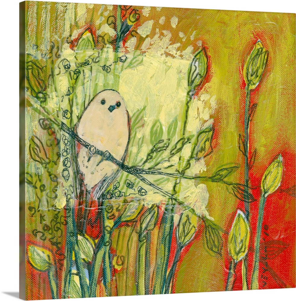 Square painting of a bird sitting on a branch among flowers with long stems textured with brush strokes.