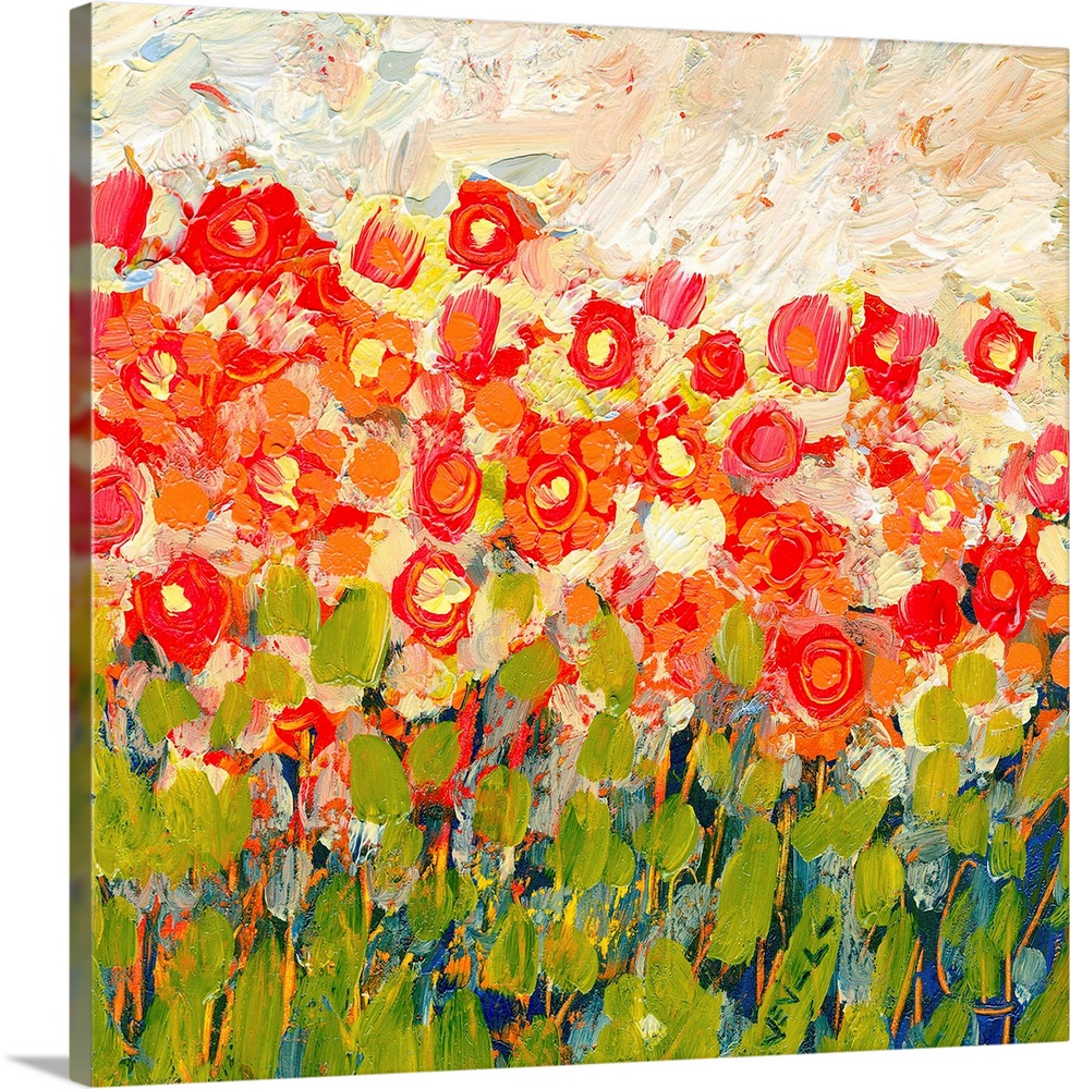 Big square contemporary painting illustrating colorful flowers on a Spring day through use of various bright colors and te...
