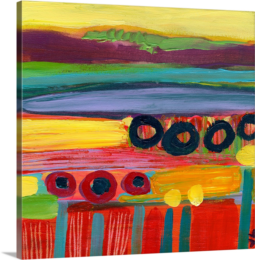 Square wall art for a colorful office or home this abstract painting is inspired by a natural flower filled landscape.