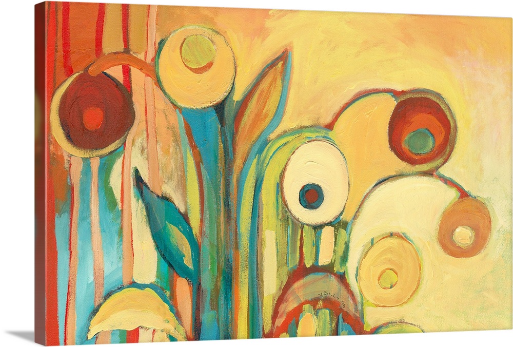 Abstract painting of circular flowers that are a part of a garden.