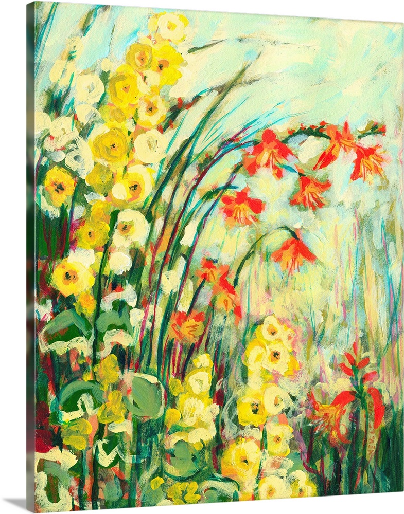 A decorative accent for the home or office this artwork shows flowers and grass arching over the composition of a contempo...