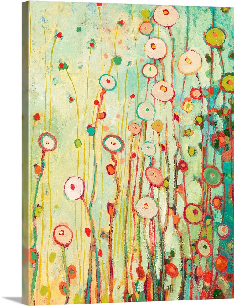 Bright contemporary painting of tall flowers made from circles.