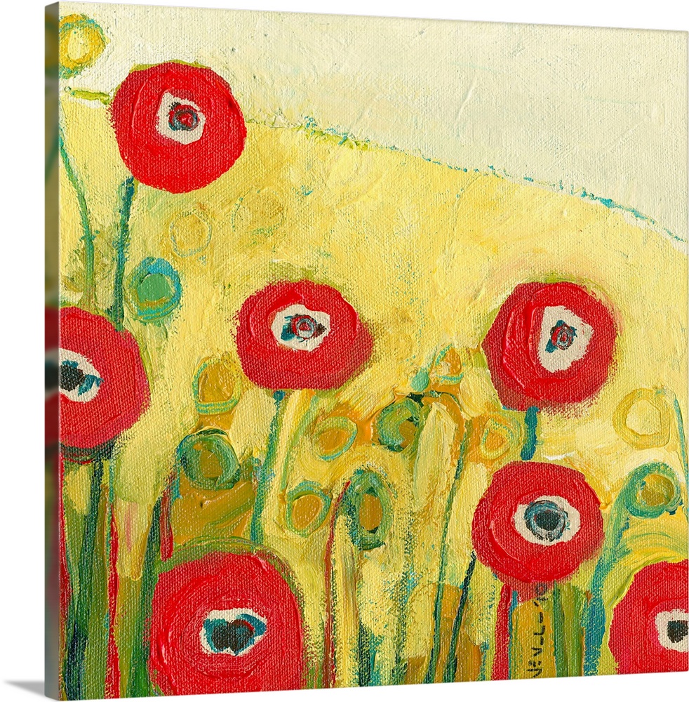 This is contemporary, abstract artwork on a square canvas of blossoms growing on a hillside on a vibrantly sunny day.