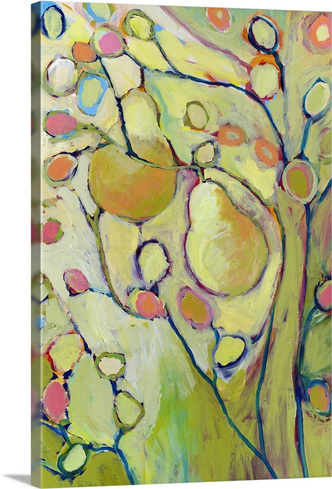 A piece of contemporary artwork of a pear tree with two pears hanging from the branches and colorful buds painted along th...